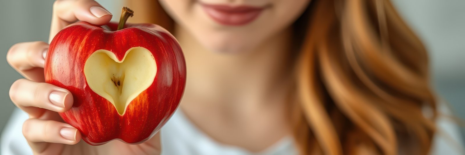 A woman holds a red apple with a heart carved into it